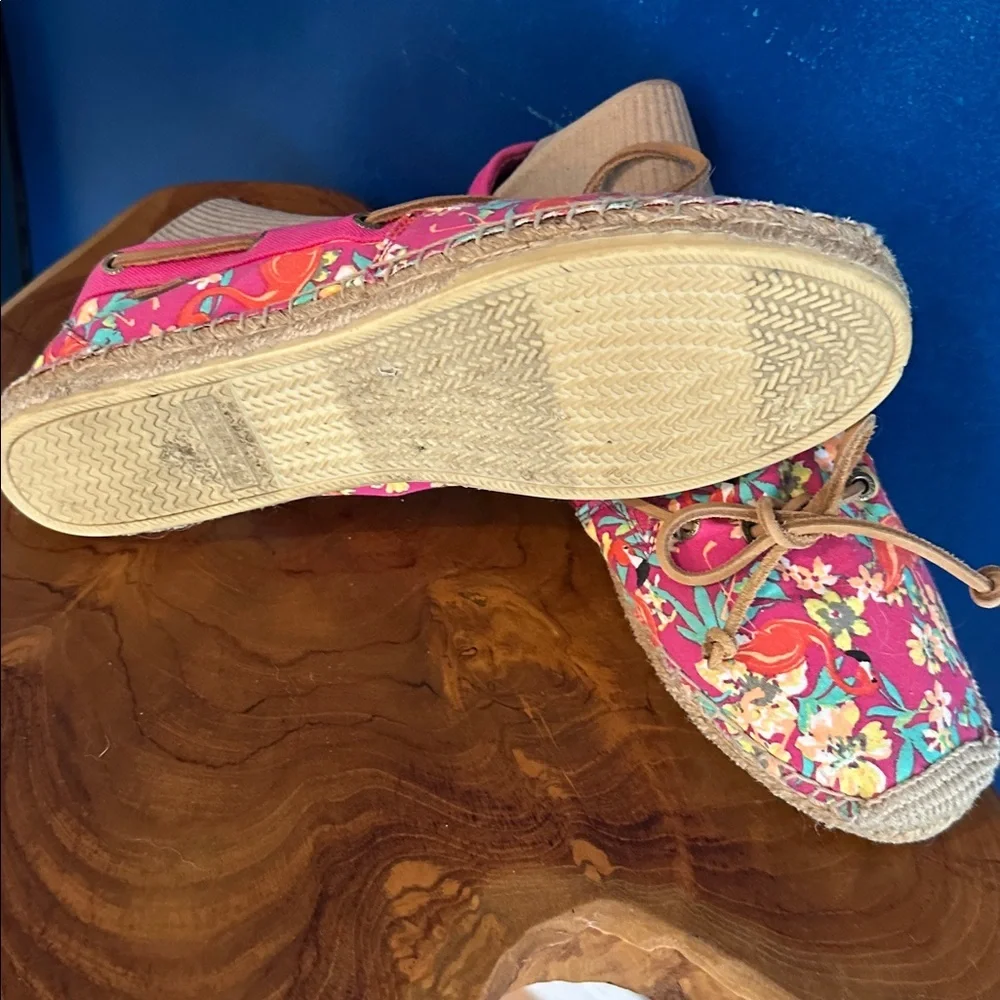 Women’s Sperry Top-Sider Canvas Espadrille Pink Floral & Flamingo Print Size 9.5